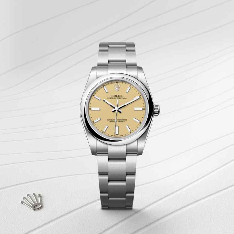 ด้านหน้า Rolex Oyster Perpetual ในวัสดุ Oystersteel, m124200-0007 - นำสว่าง