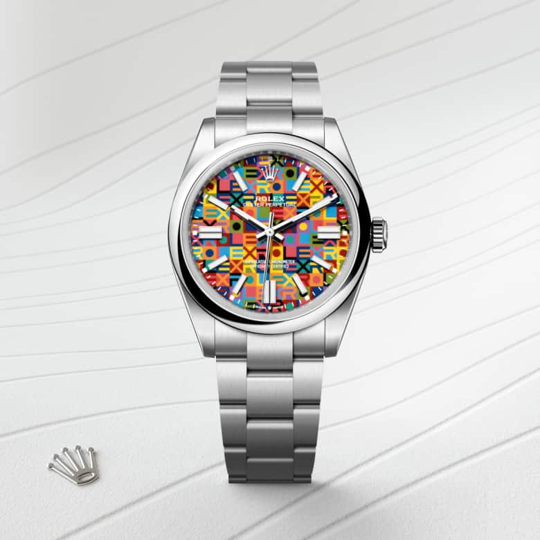ด้านหน้า Rolex Oyster Perpetual ในวัสดุ Oystersteel, m134300-0010 - นำสว่าง
