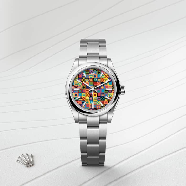 ด้านหน้า Rolex Oyster Perpetual ในวัสดุ Oystersteel, m277200-0019 - นำสว่าง