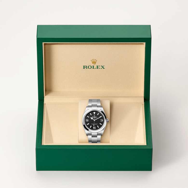 Front view of Rolex Explorer in Oystersteel, m124270-0001 in the box - Nam Sawang