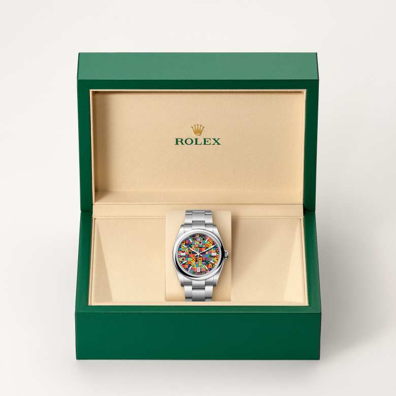 ด้านหน้า Rolex Oyster Perpetual ในวัสดุ Oystersteel, m126000-0016 ในกล่อง - นำสว่าง
