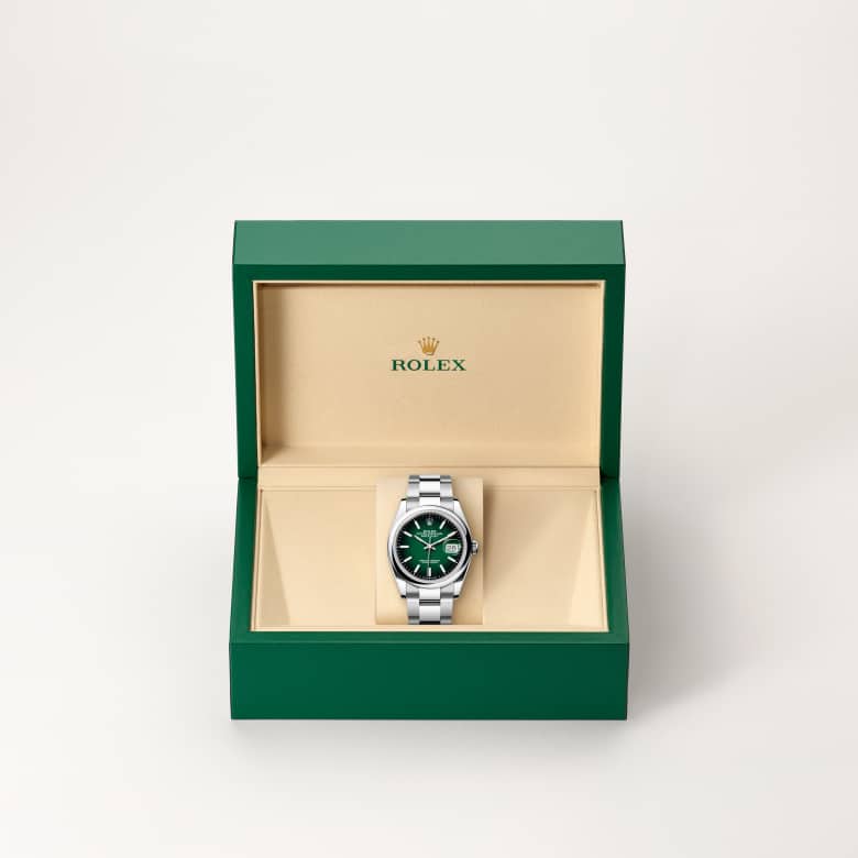 Front view of Rolex Datejust in Oystersteel, m126200-0025 in the box - Nam Sawang