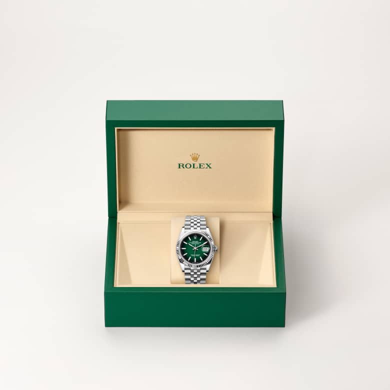 Front view of Rolex Datejust in White Rolesor, m126234-0059 in the box - Nam Sawang