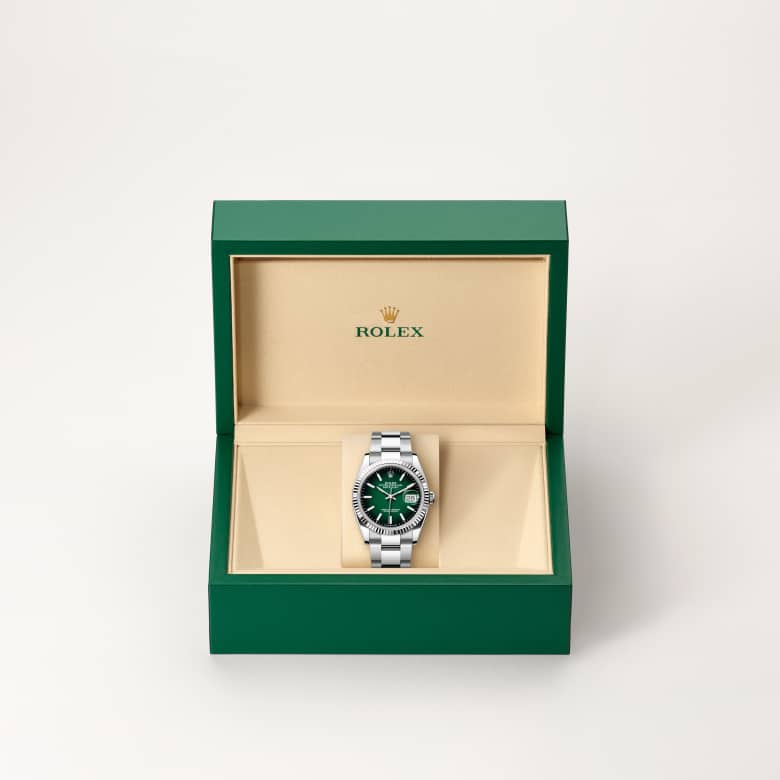 Front view of Rolex Datejust in White Rolesor, m126234-0060 in the box - Nam Sawang
