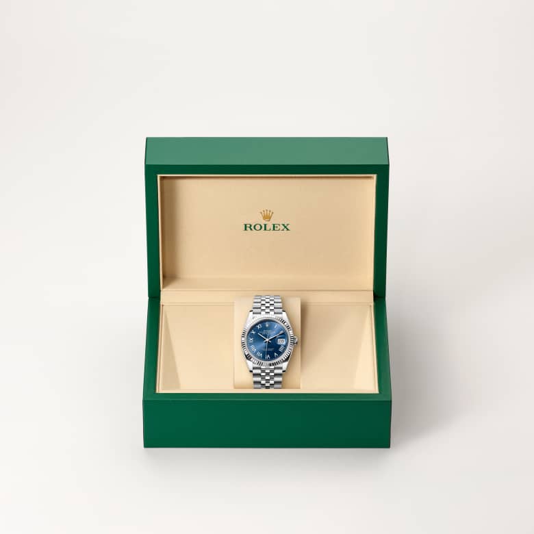 Front view of Rolex Datejust in White Rolesor, m126234-0069 in the box - Nam Sawang