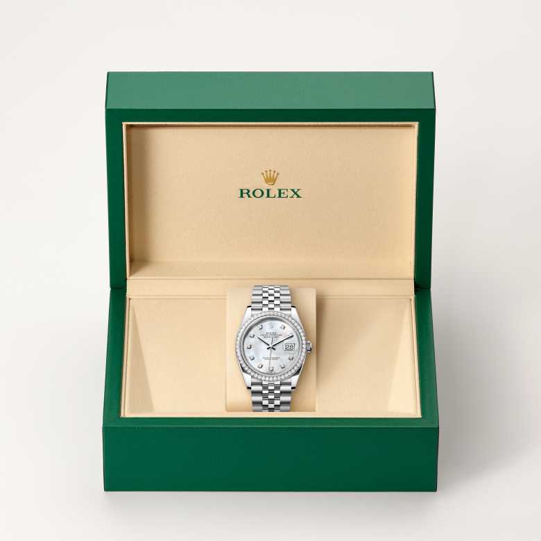 Front view of Rolex Datejust in White Rolesor, m126284rbr-0011 in the box - Nam Sawang