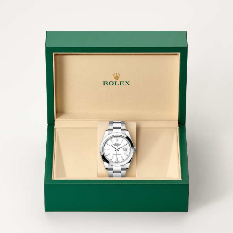ด้านหน้า Rolex Datejust ในวัสดุ Oystersteel, m126300-0005 ในกล่อง - นำสว่าง