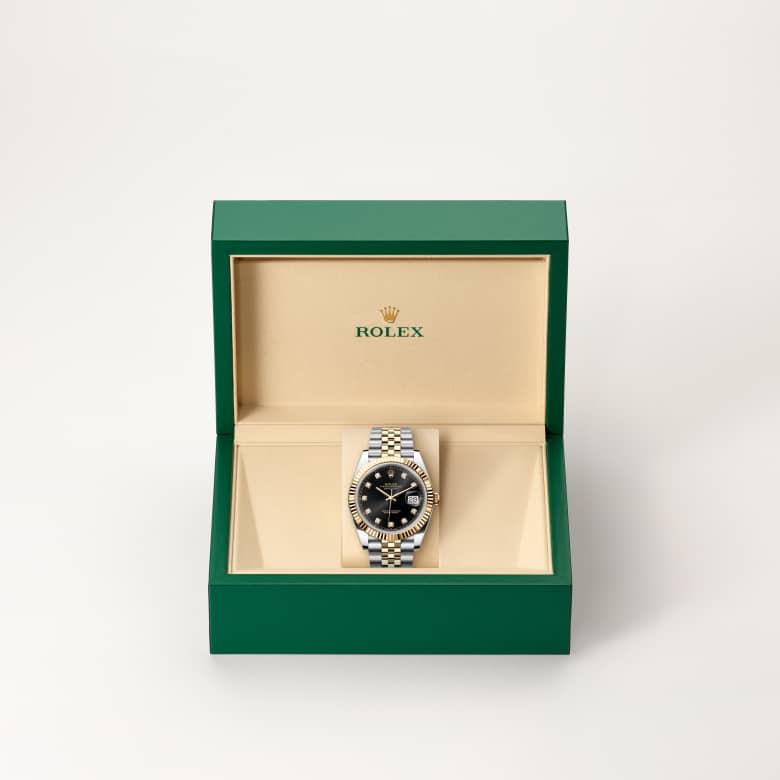Front view of Rolex Datejust in Yellow Rolesor, m126333-0006 in the box - Nam Sawang