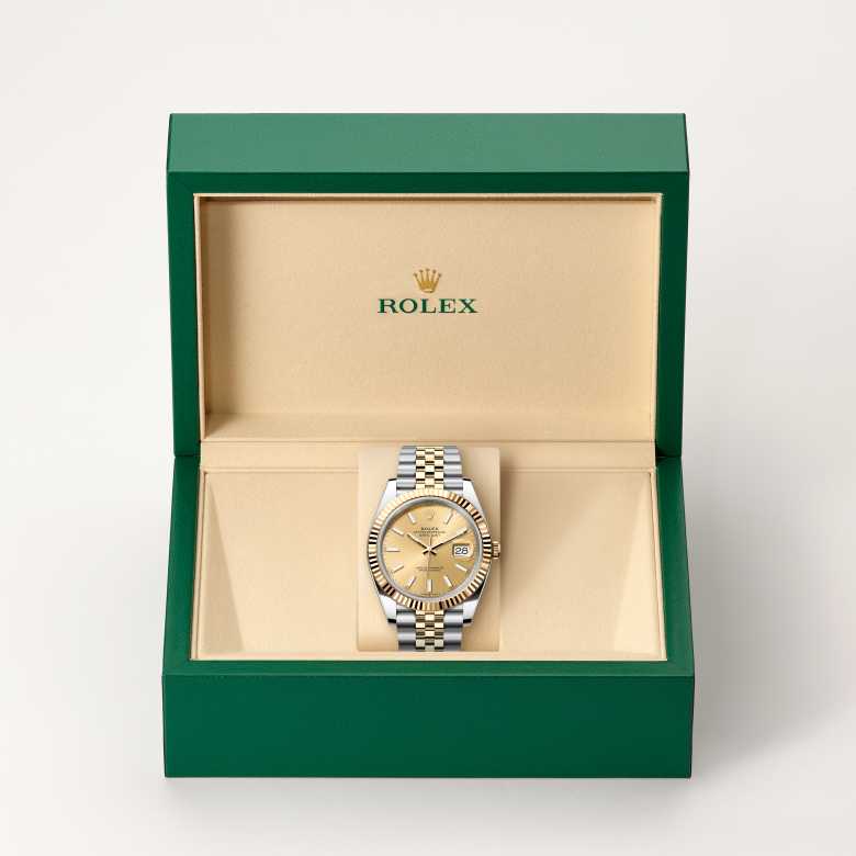 Front view of Rolex Datejust in Yellow Rolesor, m126333-0010 in the box - Nam Sawang