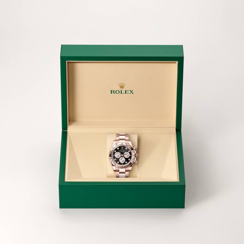 ด้านหน้า Rolex Cosmograph Daytona ในวัสดุ เอเวอร์โรสโกลด์, m126505-0002 ในกล่อง - นำสว่าง