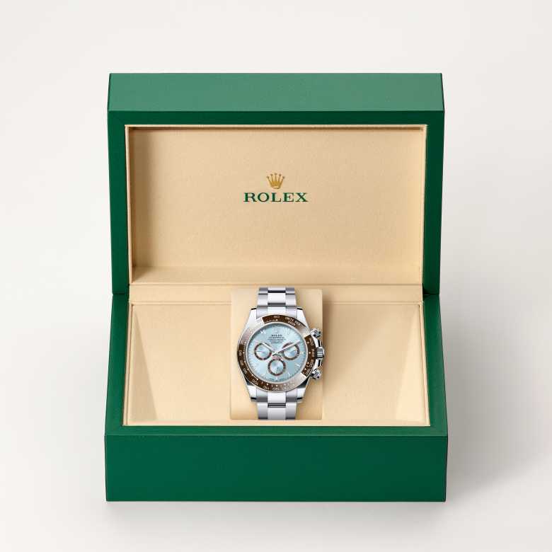 ด้านหน้า Rolex Cosmograph Daytona ในวัสดุ แพลทินัม, m126506-0001 ในกล่อง - นำสว่าง