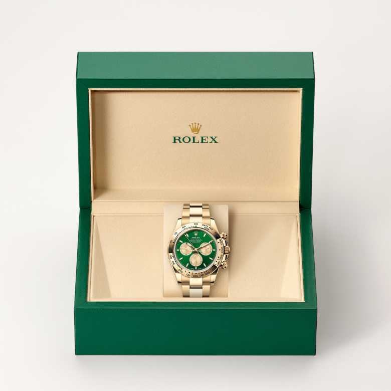 ด้านหน้า Rolex Cosmograph Daytona ในวัสดุ ทองคำ 18 กะรัต, m126508-0008 ในกล่อง - นำสว่าง