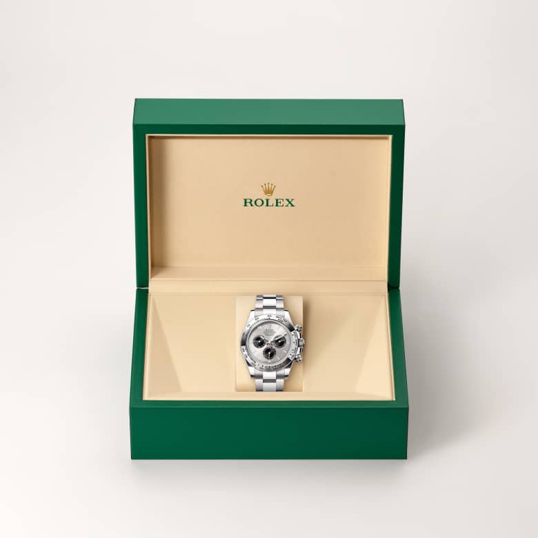 ด้านหน้า Rolex Cosmograph Daytona ในวัสดุ ทองคำขาว 18 กะรัต, m126509-0003 ในกล่อง - นำสว่าง