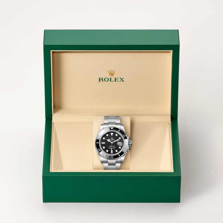 Front view of Rolex Submariner in Oystersteel, m126610ln-0001 in the box - Nam Sawang
