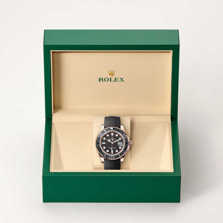 Front view of Rolex Yacht-Master in 18 ct Everose gold, m126655-0002 in the box - Nam Sawang