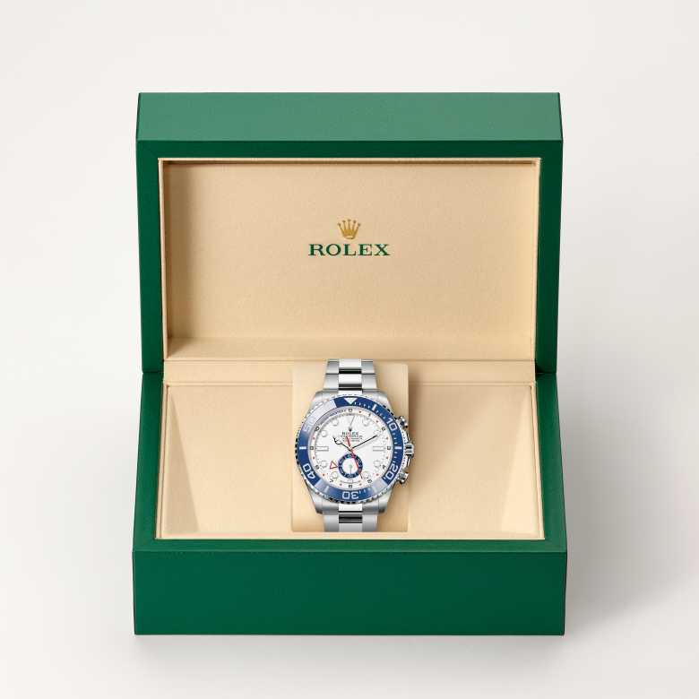 ด้านหน้า Rolex Yacht-Master II ในวัสดุ Oystersteel, m126680-0001 ในกล่อง - นำสว่าง