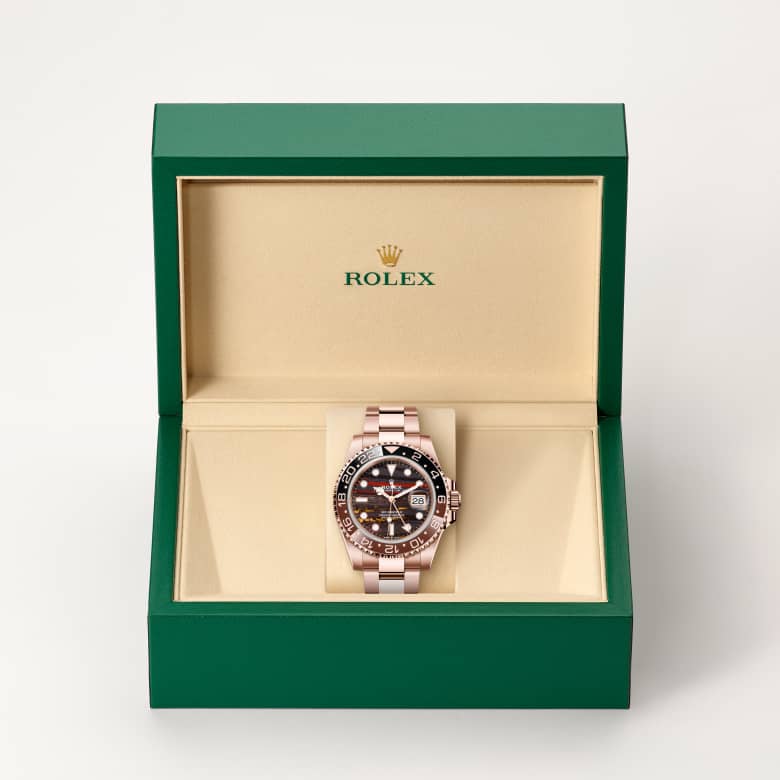 Front view of Rolex GMT-Master II in 18 ct Everose gold, m126715chnr-0002 in the box - Nam Sawang
