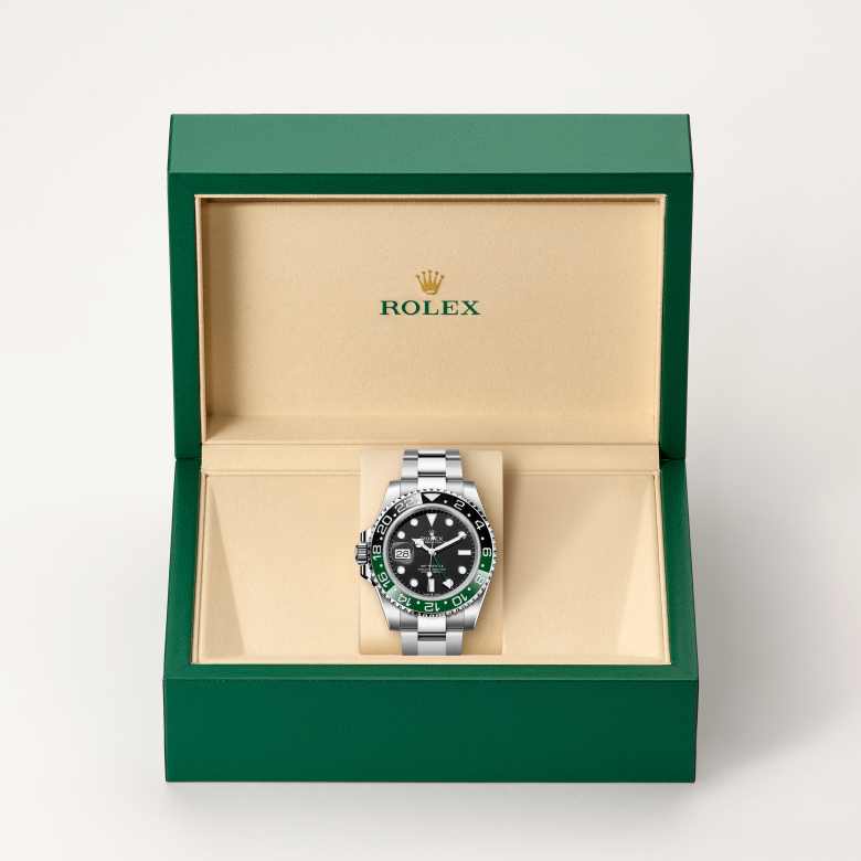 Front view of Rolex GMT-Master II in Oystersteel, m126720vtnr-0001 in the box - Nam Sawang