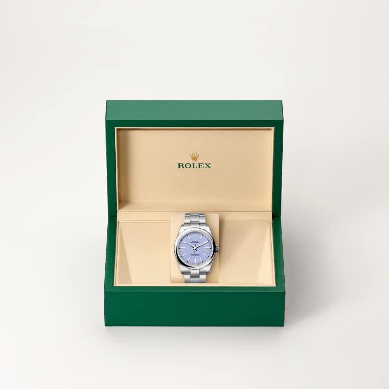 Front view of Rolex Oyster Perpetual in Oystersteel, m134300-0012 in the box - Nam Sawang
