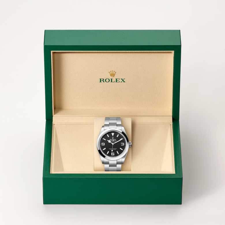 Front view of Rolex Explorer in Oystersteel, m224270-0001 in the box - Nam Sawang