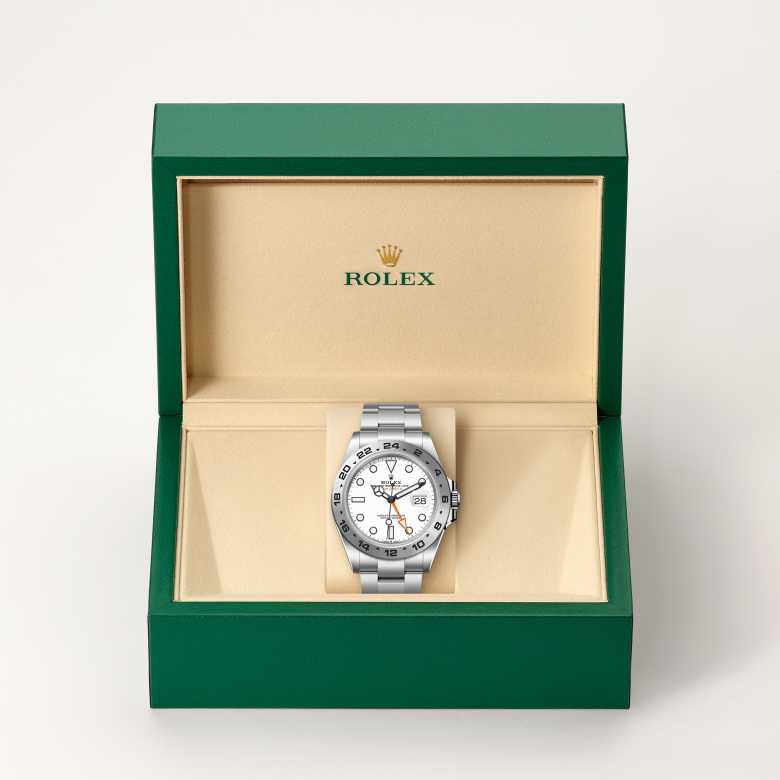 Front view of Rolex Explorer II in Oystersteel, m226570-0001 in the box - Nam Sawang