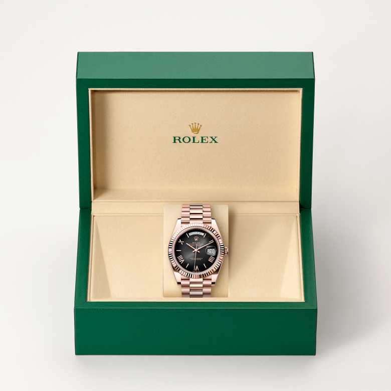 Front view of Rolex Day-Date in 18 ct Everose gold, m228235-0055 in the box - Nam Sawang