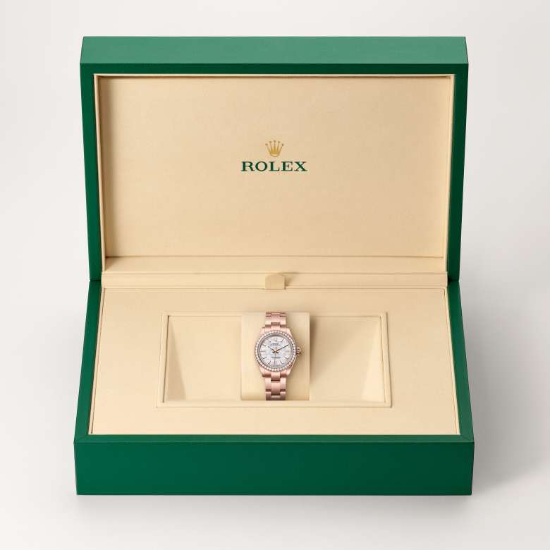 Front view of Rolex Oyster Perpetual in 18 ct Everose gold, m276245rbr-0001 in the box - Nam Sawang