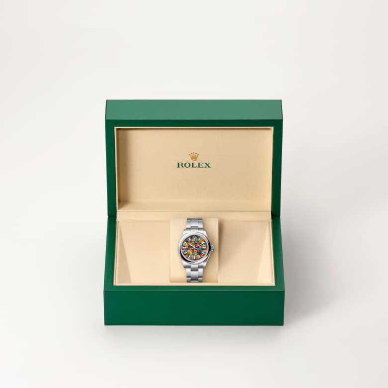 ด้านหน้า Rolex Oyster Perpetual ในวัสดุ Oystersteel, m277200-0019 ในกล่อง - นำสว่าง
