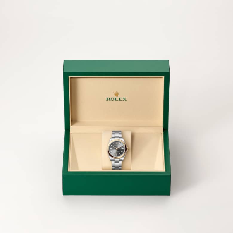 ด้านหน้า Rolex Oyster Perpetual ในวัสดุ Yellow Rolesor, m277203-0001 ในกล่อง - นำสว่าง