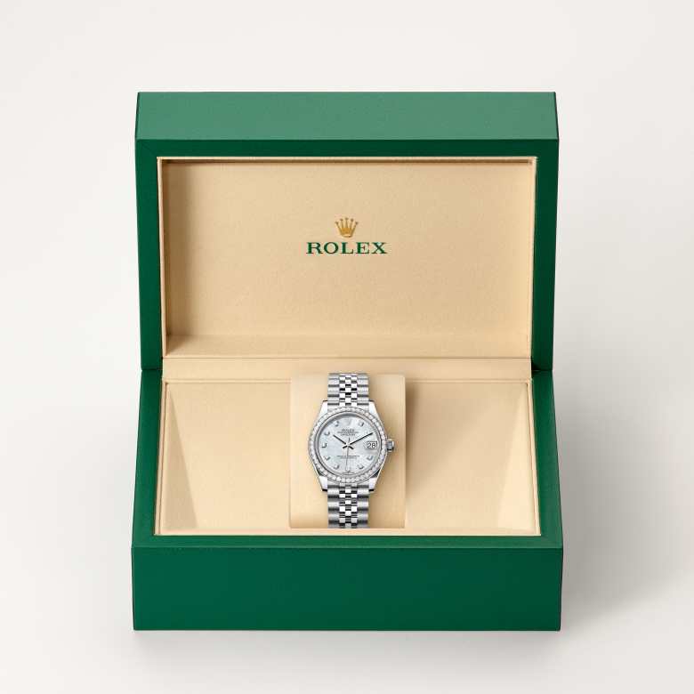 Front view of Rolex Datejust in White Rolesor, m278384rbr-0008 in the box - Nam Sawang