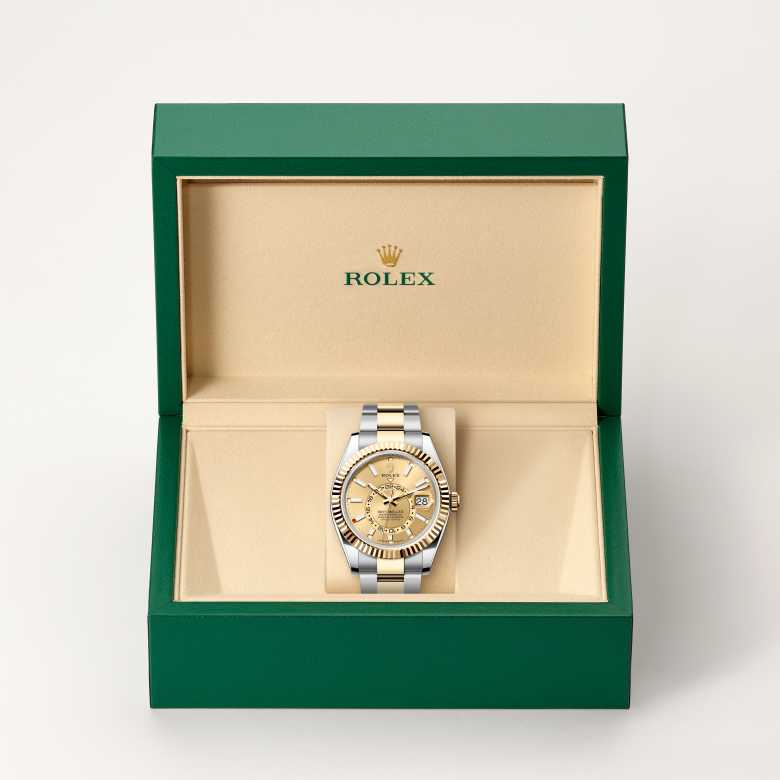 ด้านหน้า Rolex Sky-Dweller ในวัสดุ Yellow Rolesor, m336933-0001 ในกล่อง - นำสว่าง