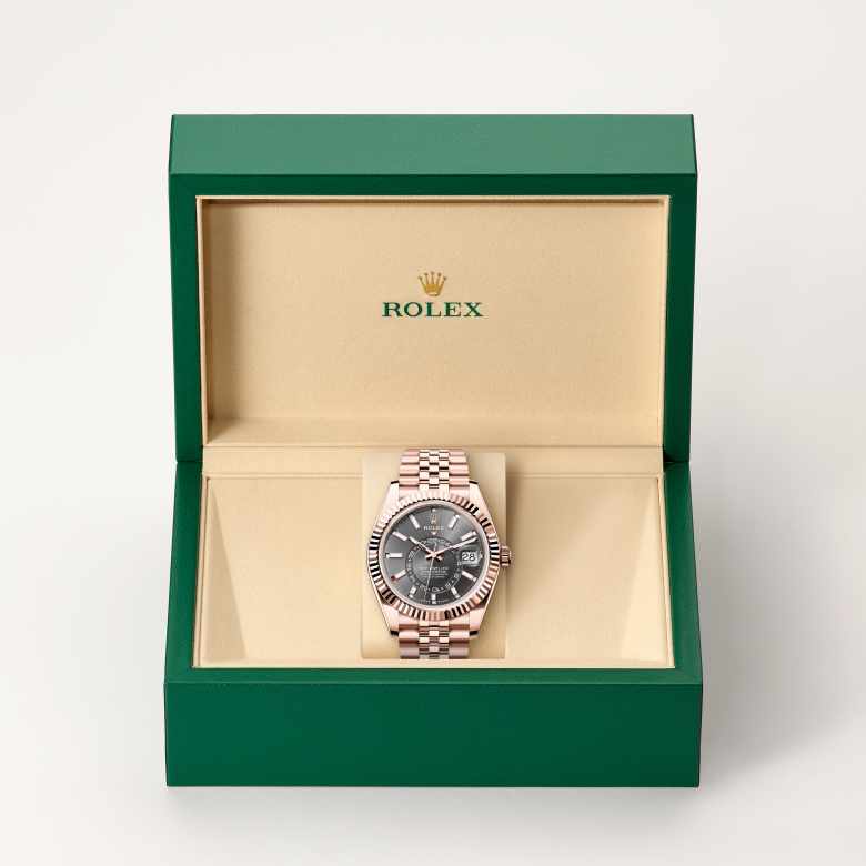 Front view of Rolex Sky-Dweller in 18 ct Everose gold, m336935-0008 in the box - Nam Sawang