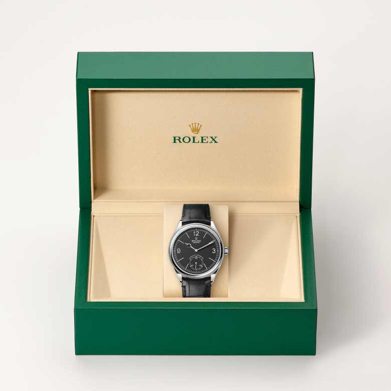 Front view of Rolex 1908 in 18 ct white gold, m52509-0002 in the box - Nam Sawang