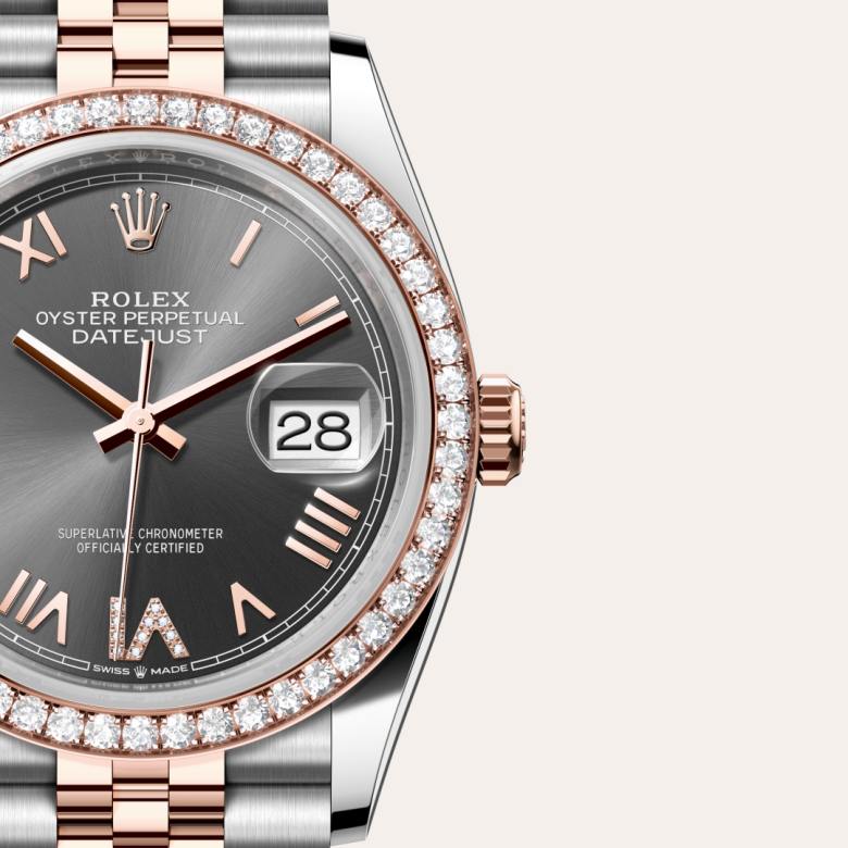 ด้านหน้า Rolex Datejust ในวัสดุ Everose Rolesor, m126281rbr-0035 กับเหรียญรับประกันสีเขียว - นำสว่าง