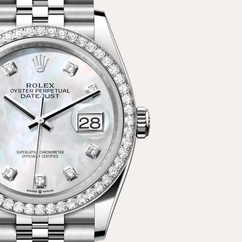 Front view of Rolex Datejust in White Rolesor, m126284rbr-0011 with green seal - Nam Sawang