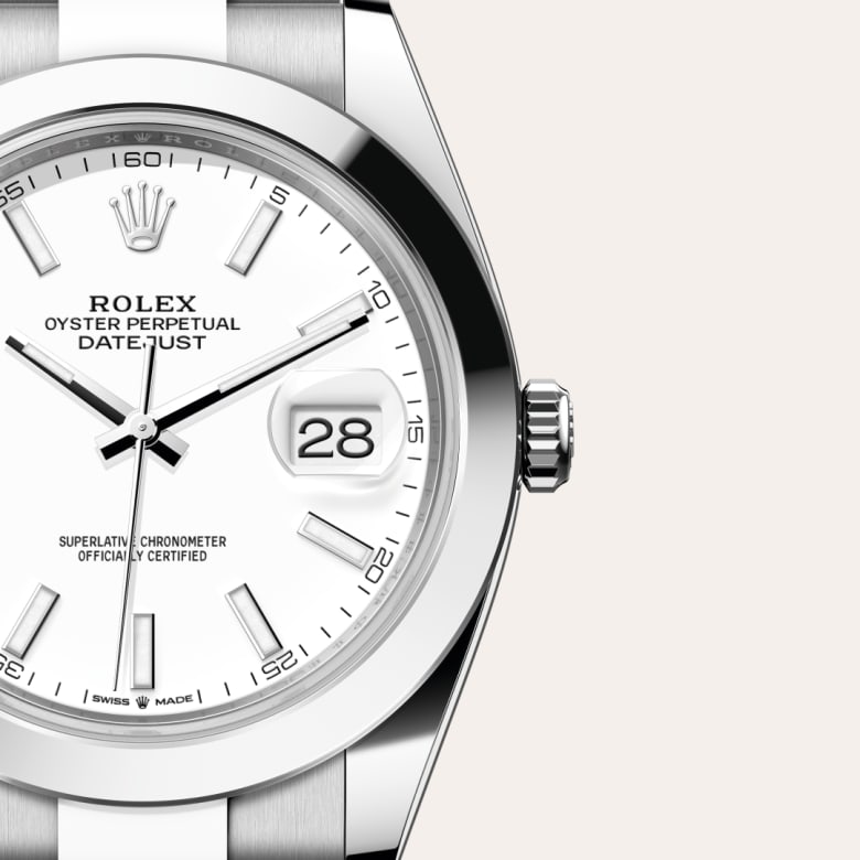 ด้านหน้า Rolex Datejust ในวัสดุ Oystersteel, m126300-0005 กับเหรียญรับประกันสีเขียว - นำสว่าง