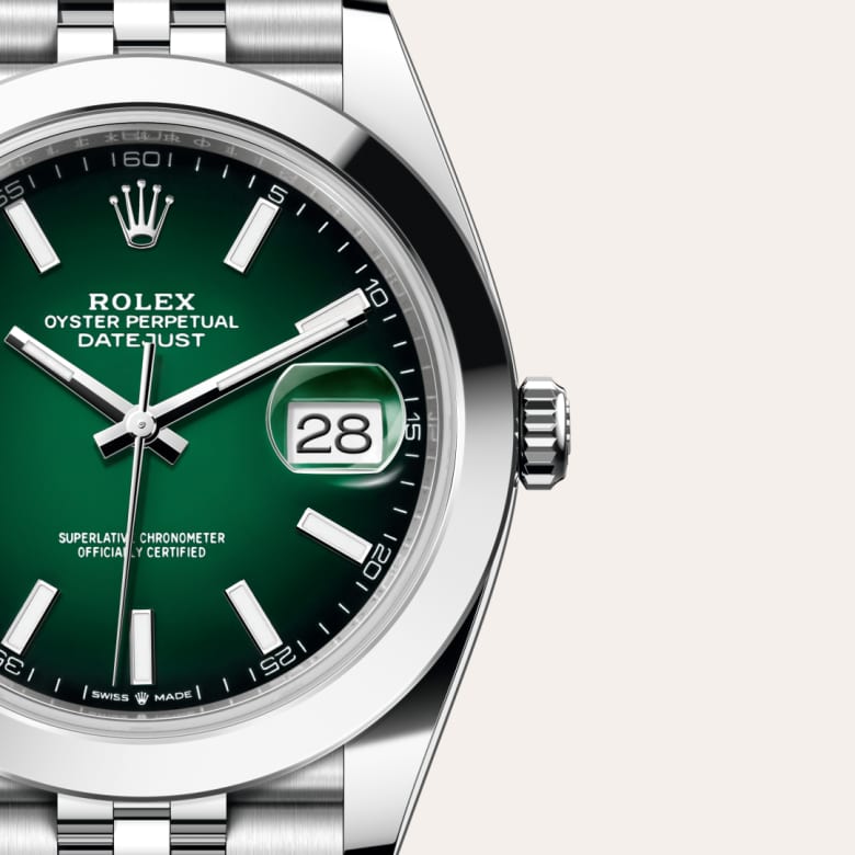 ด้านหน้า Rolex Datejust ในวัสดุ Oystersteel, m126300-0026 กับเหรียญรับประกันสีเขียว - นำสว่าง