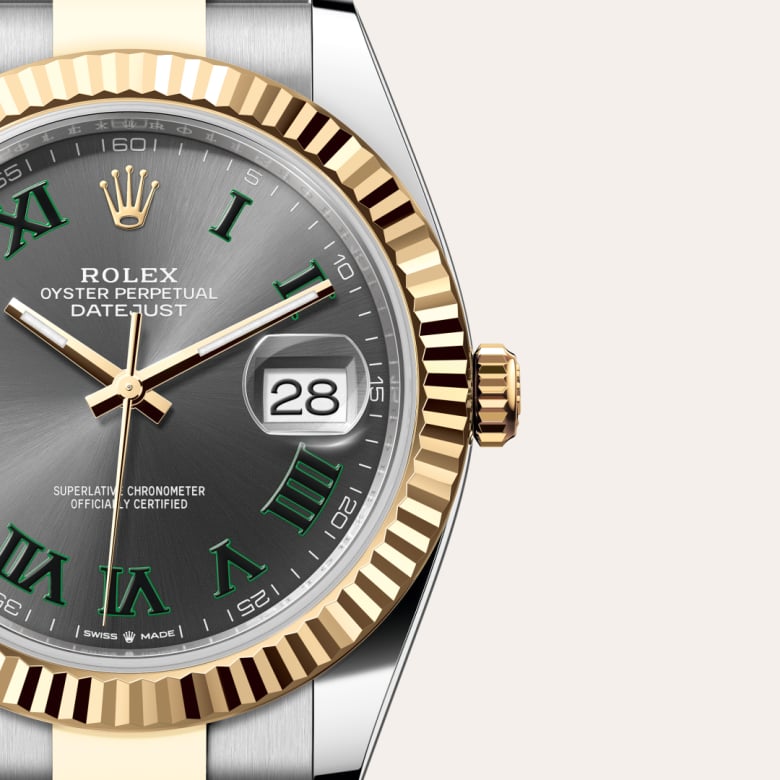 Front view of Rolex Datejust in Yellow Rolesor, m126333-0019 with green seal - Nam Sawang