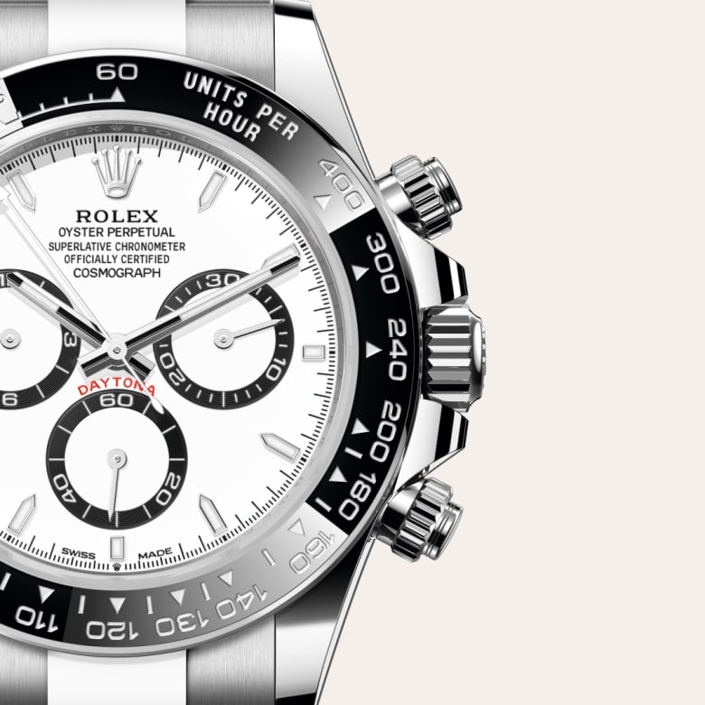 ด้านหน้า Rolex Cosmograph Daytona ในวัสดุ Oystersteel, m126500ln-0001 กับเหรียญรับประกันสีเขียว - นำสว่าง