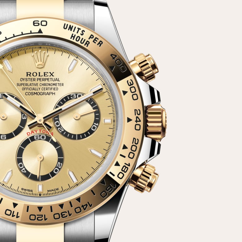 ด้านหน้า Rolex Cosmograph Daytona ในวัสดุ Yellow Rolesor, m126503-0004 กับเหรียญรับประกันสีเขียว - นำสว่าง