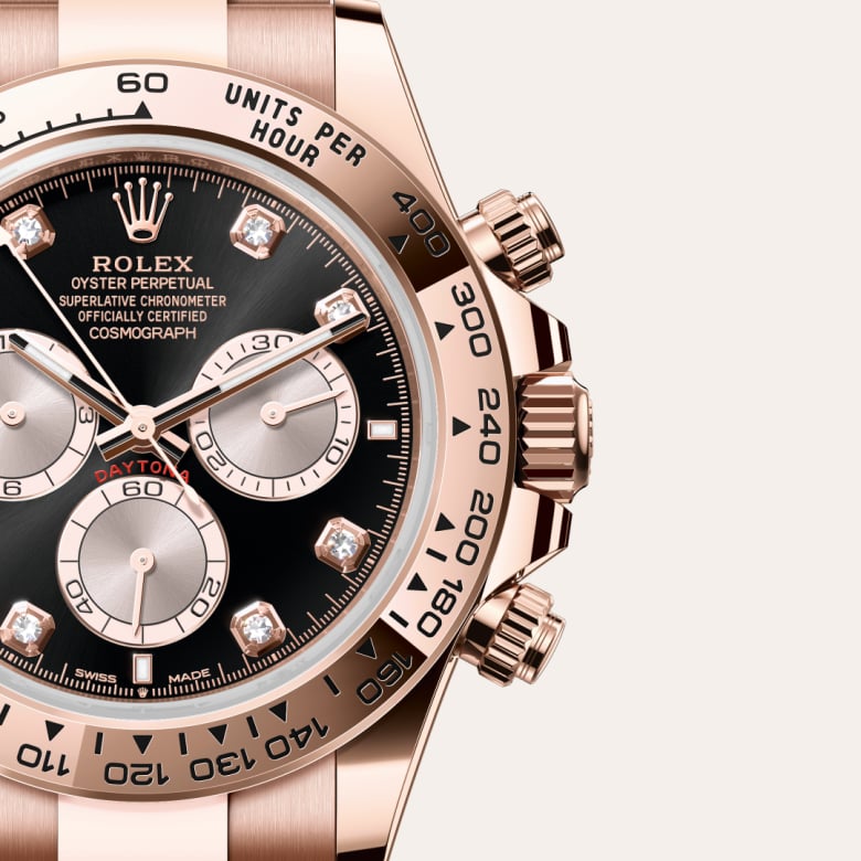 ด้านหน้า Rolex Cosmograph Daytona ในวัสดุ เอเวอร์โรสโกลด์, m126505-0002 กับเหรียญรับประกันสีเขียว - นำสว่าง