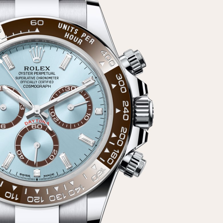 ด้านหน้า Rolex Cosmograph Daytona ในวัสดุ แพลทินัม, m126506-0002 กับเหรียญรับประกันสีเขียว - นำสว่าง