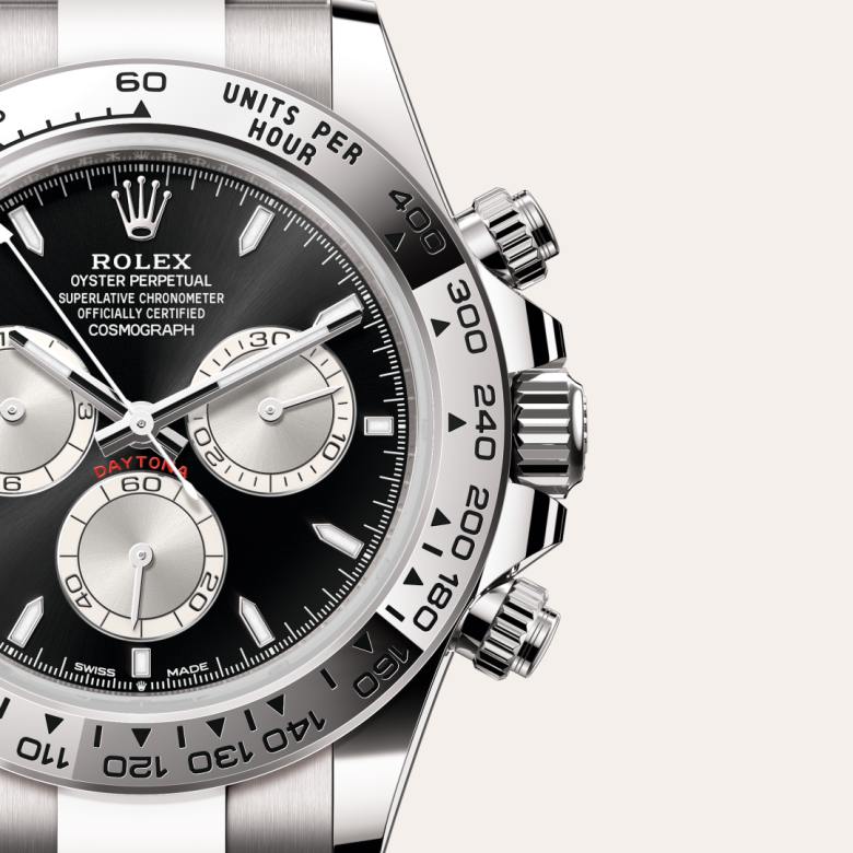 ด้านหน้า Rolex Cosmograph Daytona ในวัสดุ ทองคำขาว 18 กะรัต, m126509-0001 กับเหรียญรับประกันสีเขียว - นำสว่าง