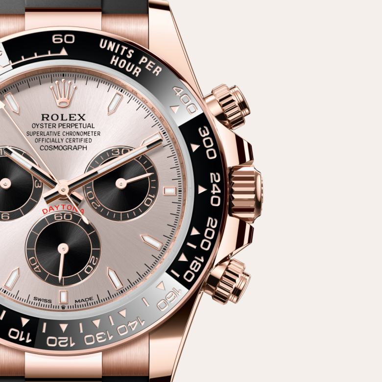 ด้านหน้า Rolex Cosmograph Daytona ในวัสดุ เอเวอร์โรสโกลด์, m126515ln-0006 กับเหรียญรับประกันสีเขียว - นำสว่าง