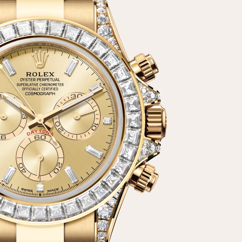 ด้านหน้า Rolex Cosmograph Daytona ในวัสดุ ทองคำ 18 กะรัต, m126598tbr-0001 กับเหรียญรับประกันสีเขียว - นำสว่าง