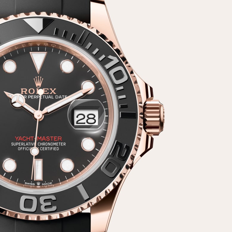 Front view of Rolex Yacht-Master in 18 ct Everose gold, m126655-0002 with green seal - Nam Sawang