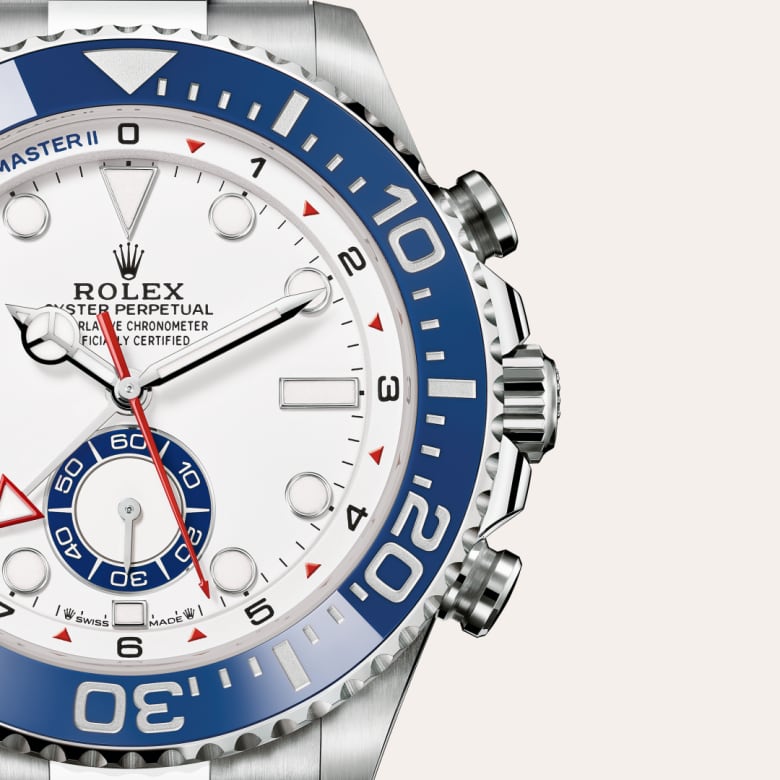 ด้านหน้า Rolex Yacht-Master II ในวัสดุ Oystersteel, m126680-0001 กับเหรียญรับประกันสีเขียว - นำสว่าง