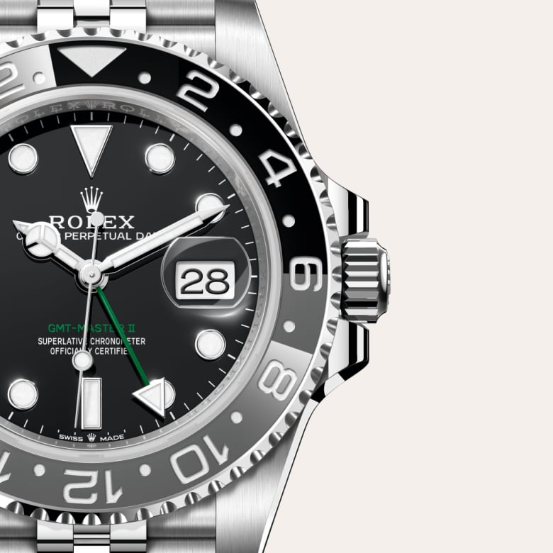 Front view of Rolex GMT-Master II in Oystersteel, m126710grnr-0003 with green seal - Nam Sawang