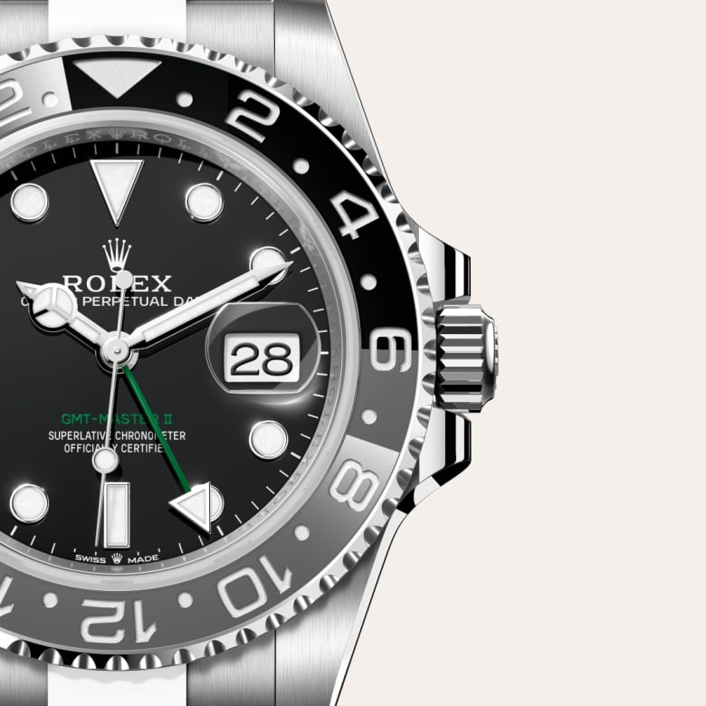 ด้านหน้า Rolex GMT-Master II ในวัสดุ Oystersteel, m126710grnr-0004 กับเหรียญรับประกันสีเขียว - นำสว่าง