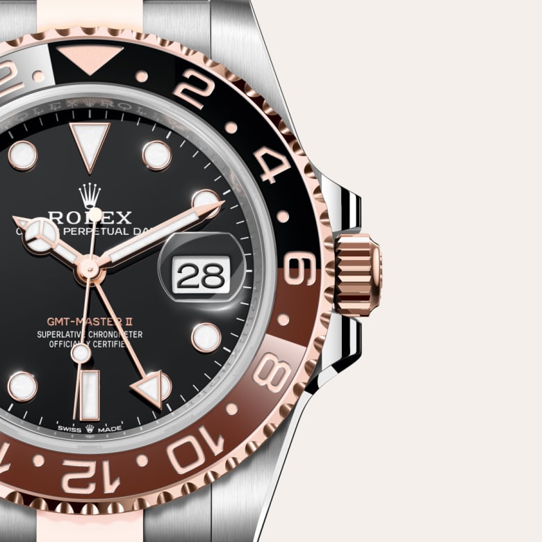 Front view of Rolex GMT-Master II in Everose Rolesor, m126711chnr-0002 with green seal - Nam Sawang